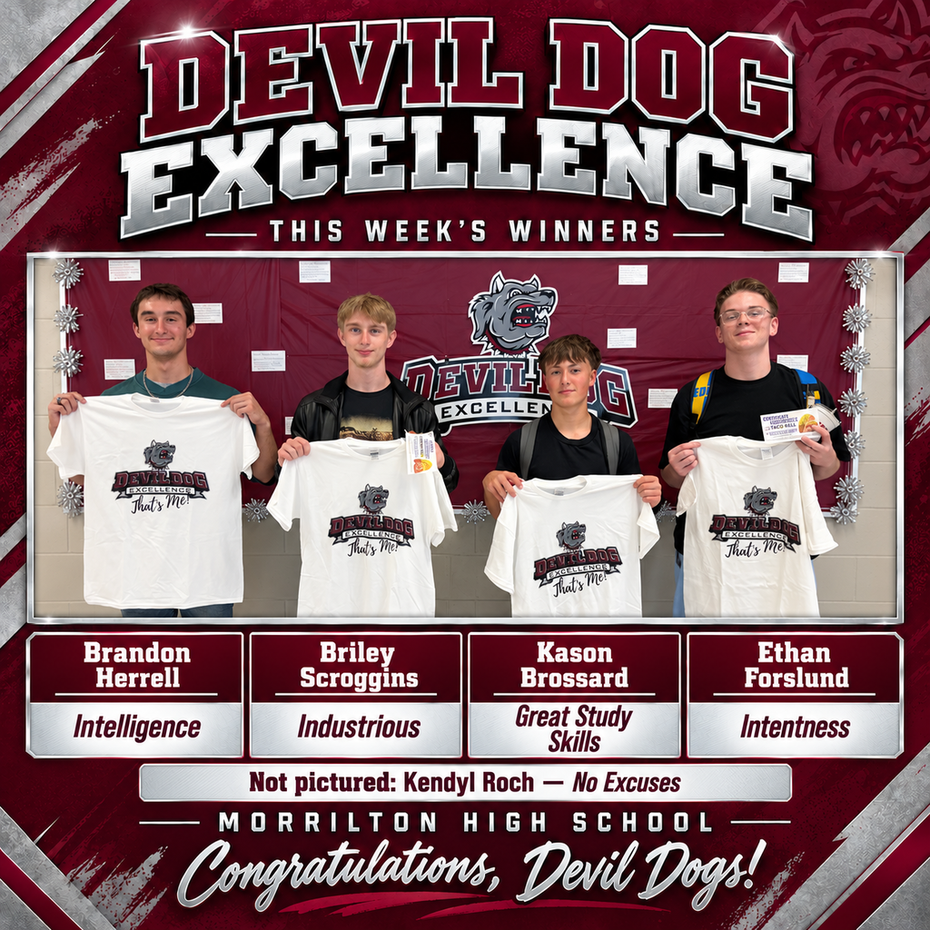 Four students holding white T-shirts with Devil Dog graphics. Text reads "Devil Dog Excellence" and "This Week's Winners".