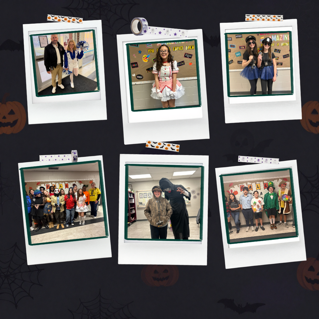 A collage of photos featuring people in costumes, including a pumpkin and spider webs in the background.