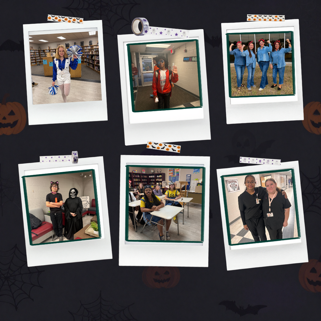 Six pictures in frames on a black background with Halloween decorations. Different people in various scenes.