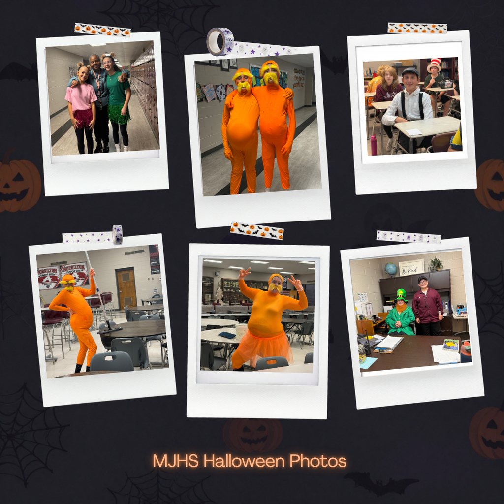 Collage of eight polaroid-style photos of people in costumes against a black background with Halloween pumpkins.