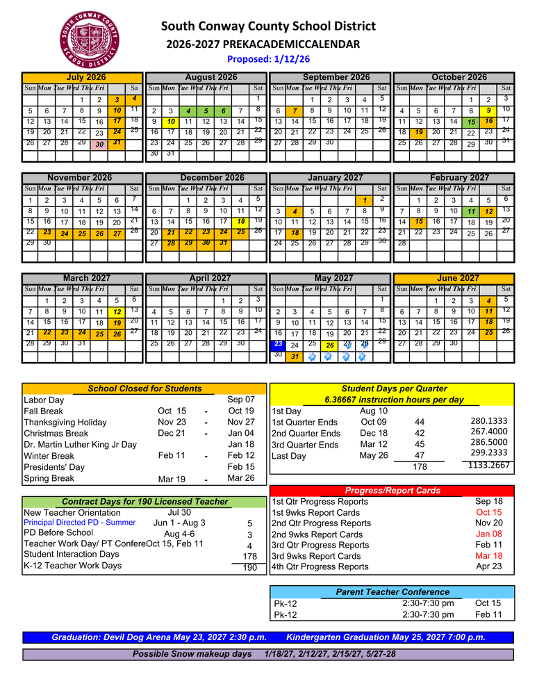 2026 - 2027 PreK Academic Calendar | Morrilton JR. High School