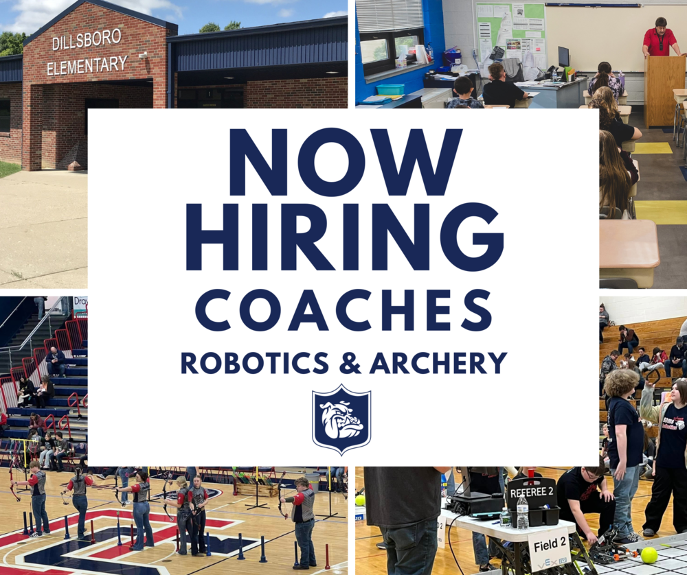 Graphic that reads "Now Hiring Coaches; Robotics & Archer" layered over 4 photographs of DES and the Robotics and Archery teams.