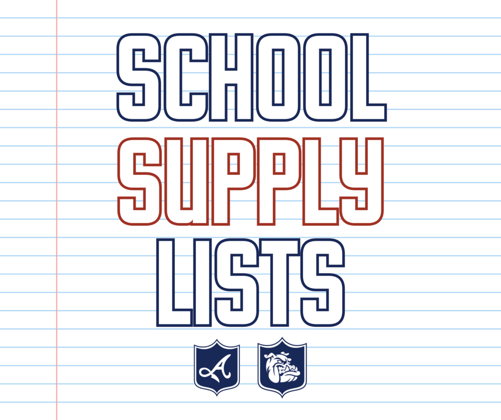 Graphic that reads "School Supply Lists" with the AES & DES shield logos beneath
