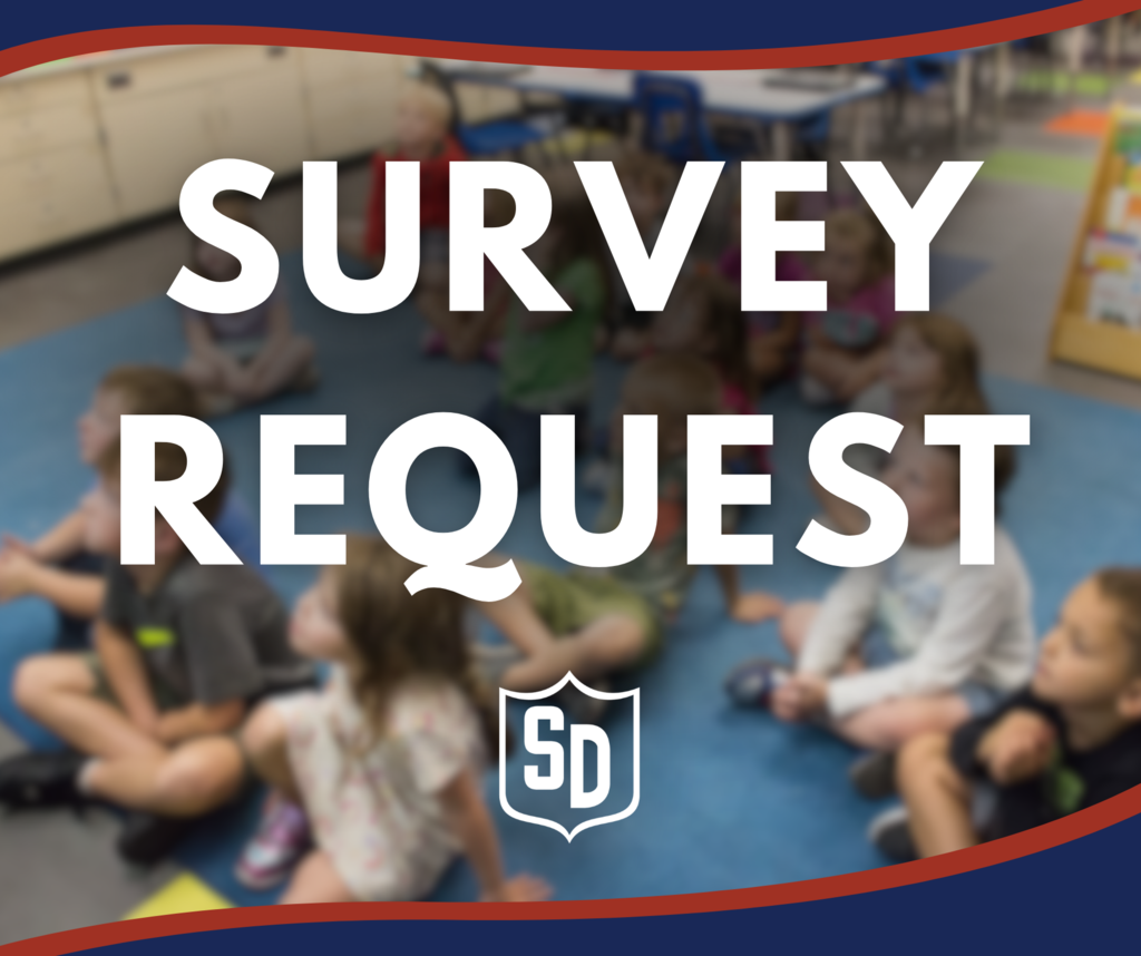 Blurred photo of elementary school students sitting with text overlayed reading "Survey Request"