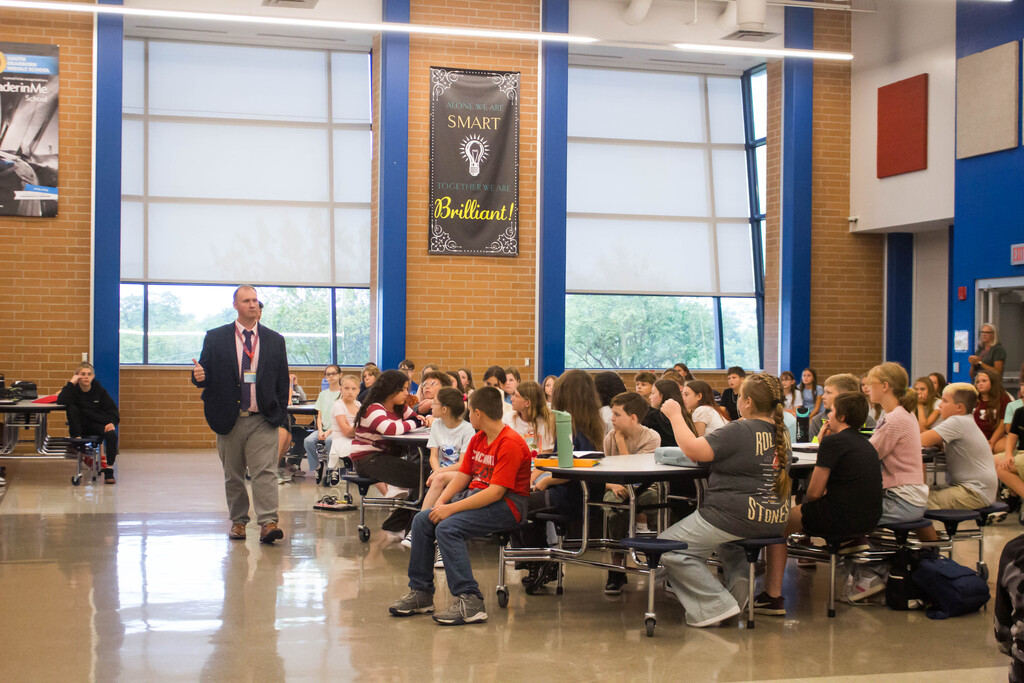 SDMS Principal Schiering Welcomes Incoming Sixth-Grade Students on the First Day of School