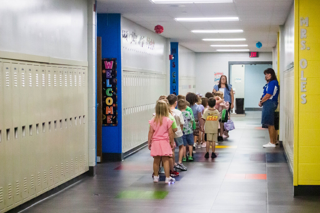 Mrs. Pruss and Mrs. Kleindienst's classes at Dillsboro Elementary School practice silent marshmallow walking.