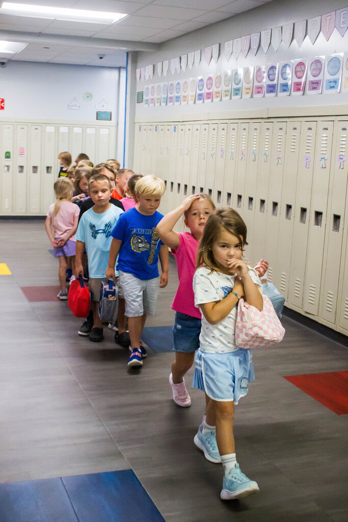 Mrs. Pruss and Mrs. Kleindienst's classes at Dillsboro Elementary School practice silent marshmallow walking.
