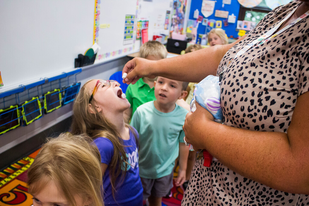 Mrs. Pruss and Mrs. Kleindienst's classes at Dillsboro Elementary School practice silent marshmallow walking.