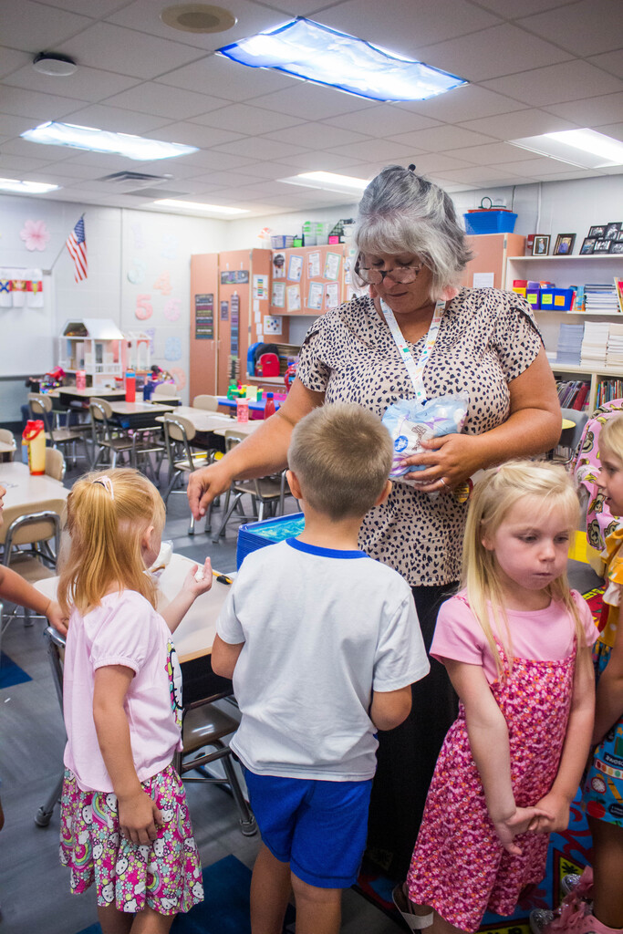 Mrs. Pruss and Mrs. Kleindienst's classes at Dillsboro Elementary School practice silent marshmallow walking.