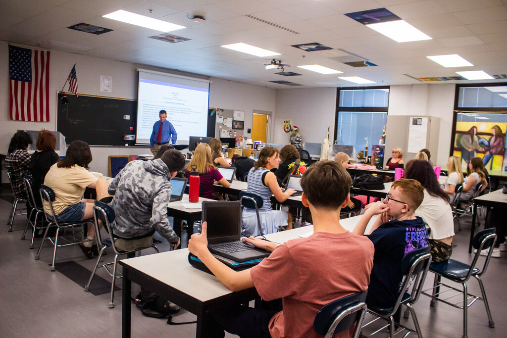 SDHS students select their art class seats as Mr. Baney sets the rules for the semester.