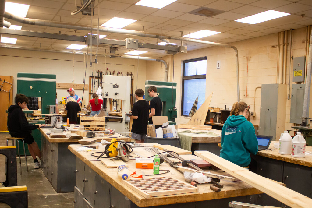 SDHS students practice woodshop safety.