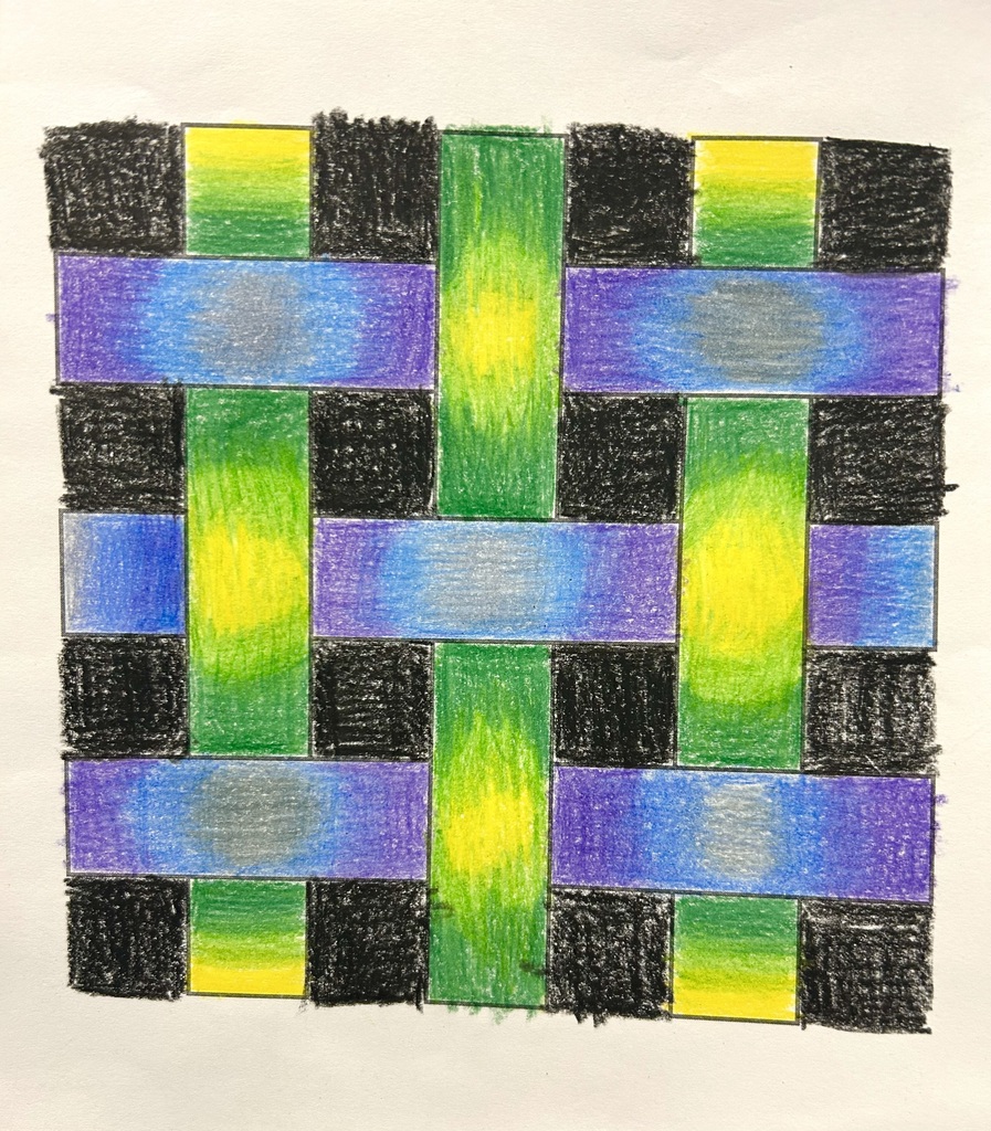 Student colored pencil drawing of a woven pattern with blended purple, blue, green, and yellow strips on black, South Dearborn High School art.