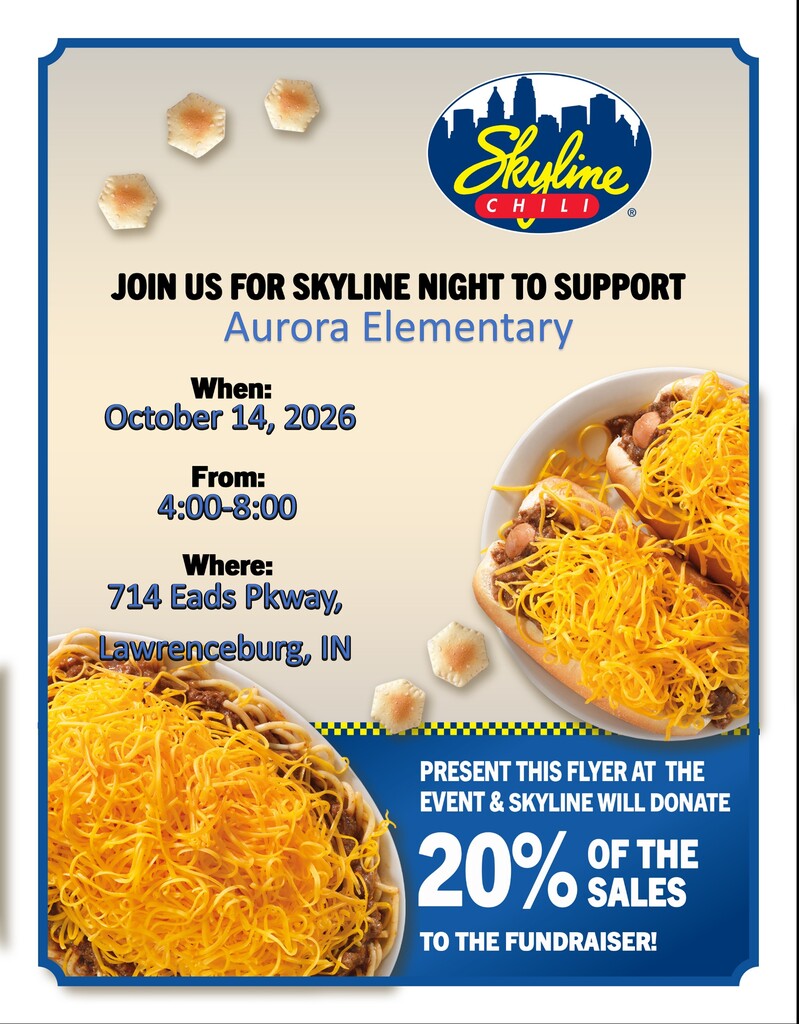 AES fundraiser at Eads Parkway Skyline Chili on October 14th, 2026 from 4:00 to 8:00pm.