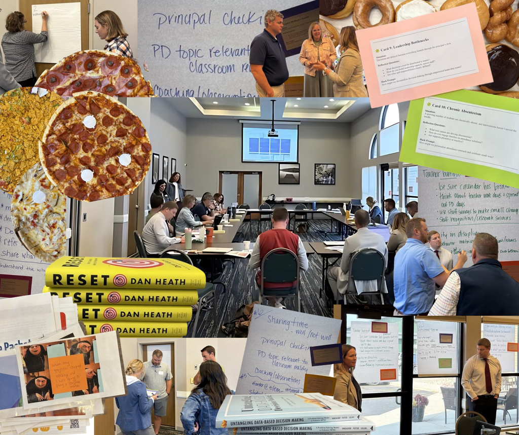 collage of people sitting at table, books, pizza, memes, and people writing on large sticky notes