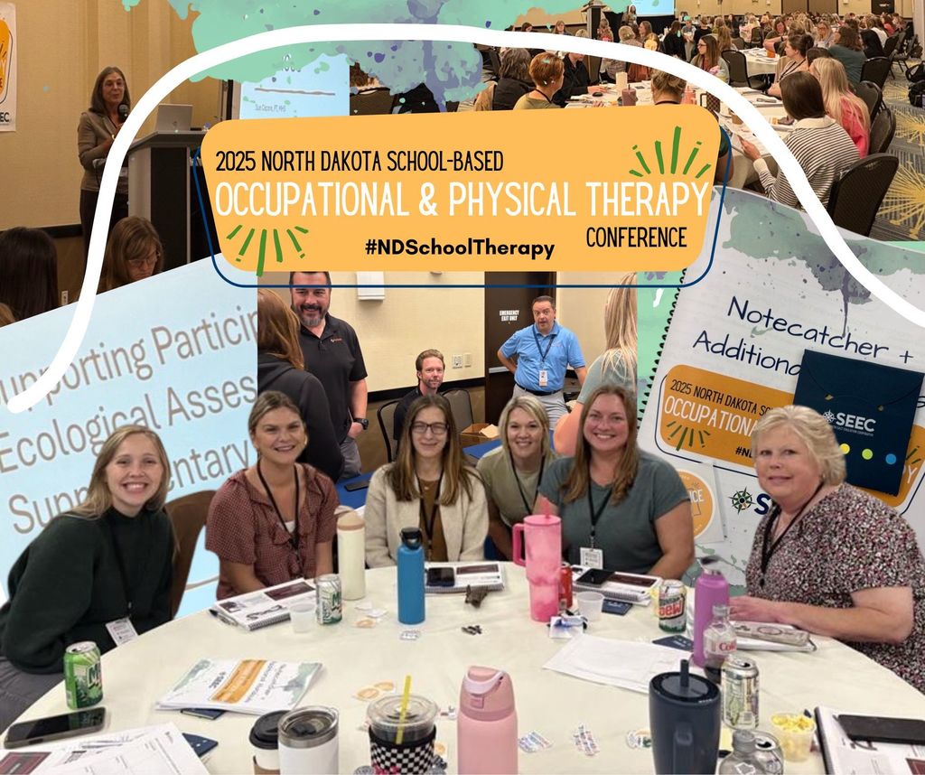 picture collage of people smiling, a speaker on a stage, handouts and the text for 2025 north dakota school based occupational and physical therapy conference