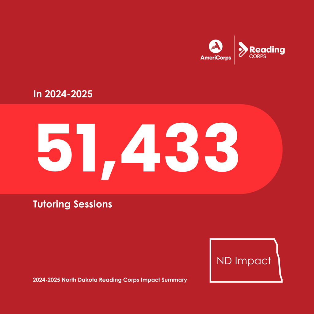 in 2024-2025 51, 433 tutoring sessions for reading corps in north dakota. information from the 2024-2025 north dakota reading corps impact summary
