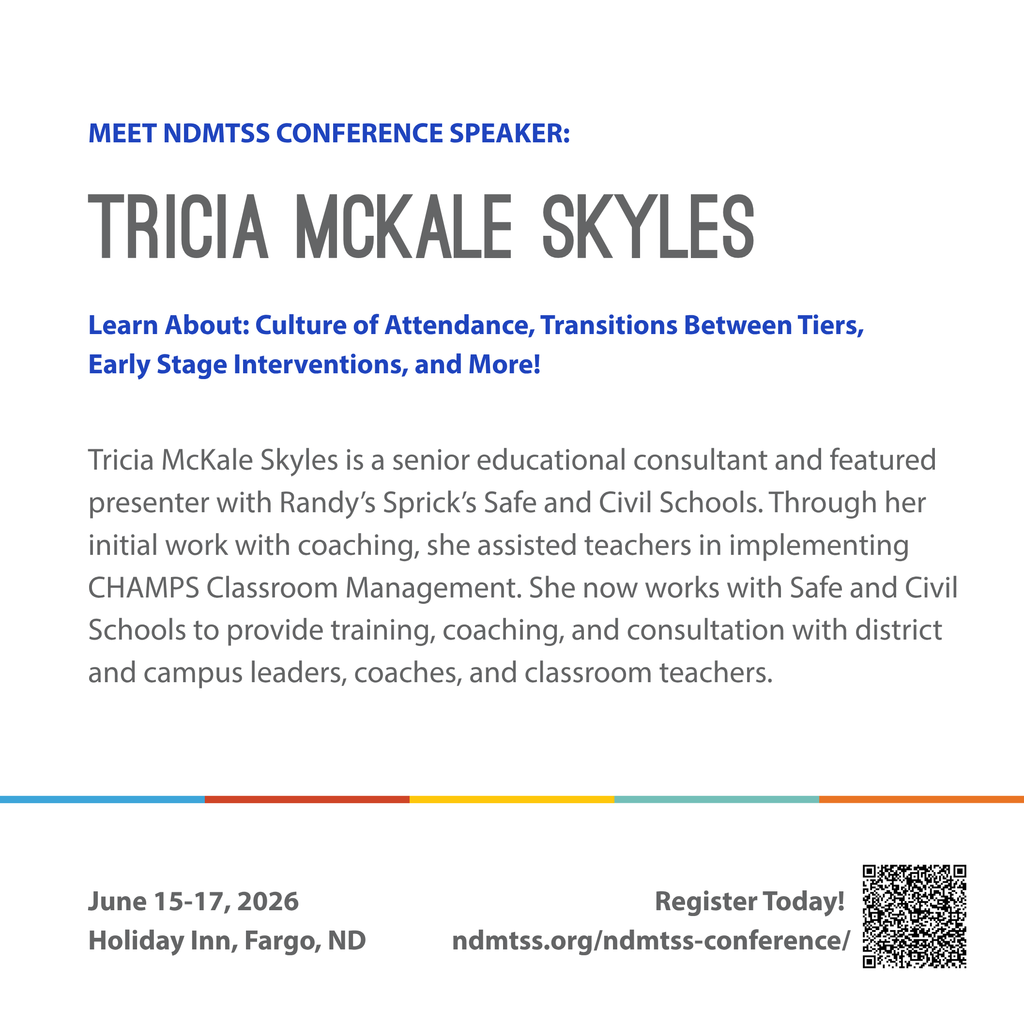 meet NDMTSS conference presenter tricia mckale skyles. learn about culture of attendance, transitions between tiers, early stage interventions, and more.  Tricia McKale Skyles is a senior educational consultant and featured presenter with Randy’s Sprick’s Safe and Civil Schools. Through her initial work with coaching, she assisted teachers in implementing CHAMPS Classroom Management. She now works with Safe and Civil Schools to provide training, coaching, and consultation with district and campus leaders, coaches, and classroom teachers. june 15-17 2026 at the holiday inn fargo. register today ndmtss.org/ndmtss-conference/