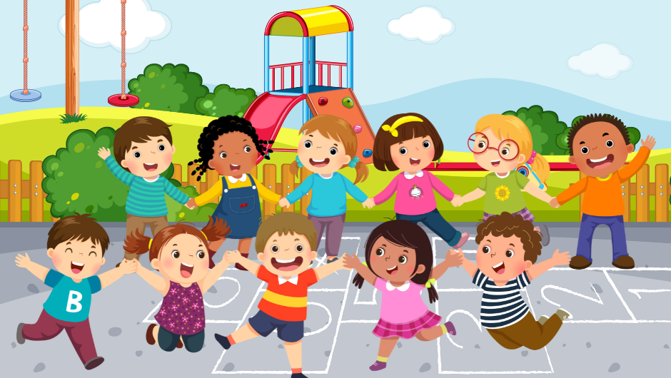 A cartoon picture of students playing on a playground .