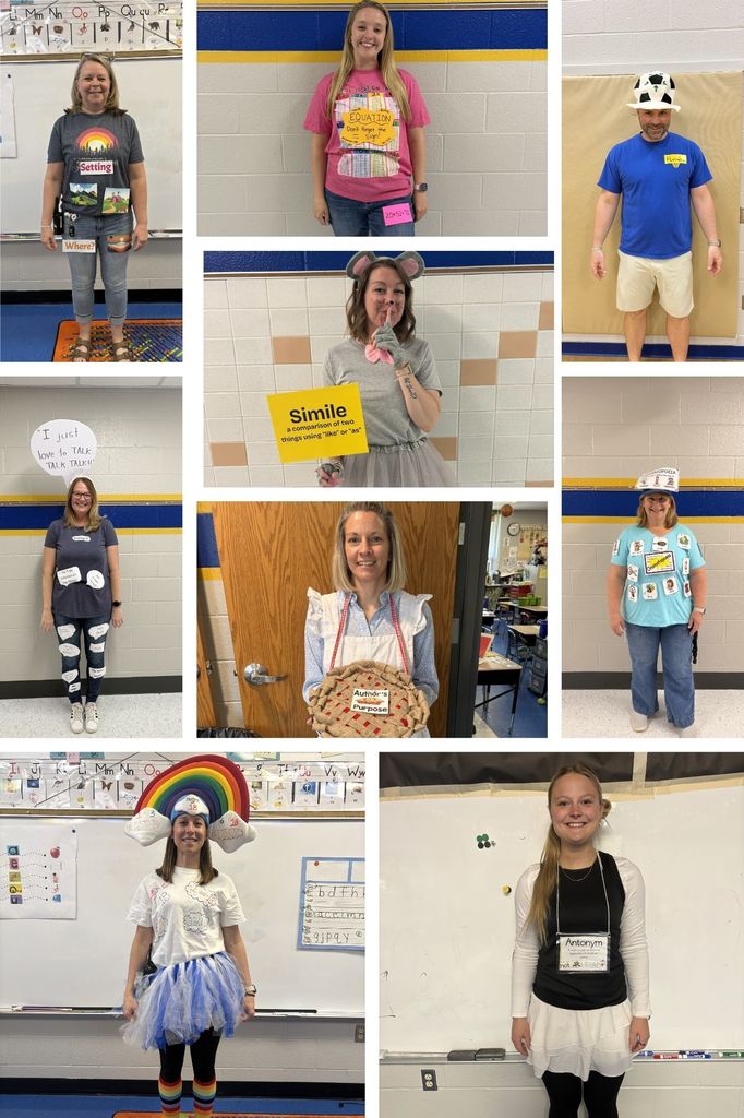 A collage of teachers dressed up as vocabulary words.