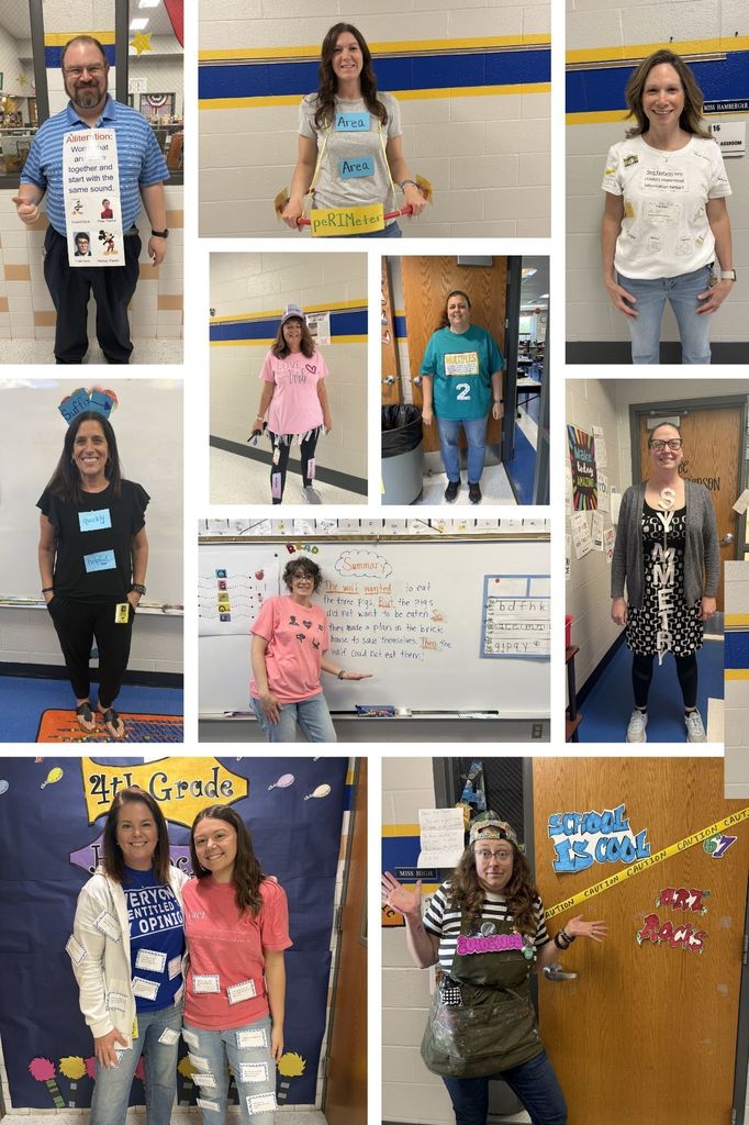 A collage of teachers dressed up as vocabulary words.