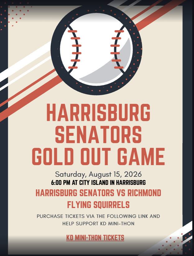 Flyer with details of the KDHS Mini-Thon Fundraiser, Harrisburg Senators vs. Richmond Flying Squirrels Gold Out Game. Details are in the post.