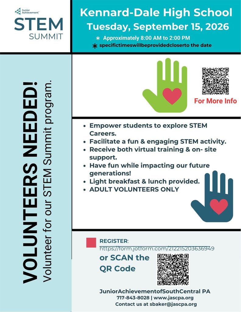 A flyer from Junior Achievement for South Central PA asking for volunteers for the KDHS STEM Summit. The flyer includes a QR code to scan to register. Details are in the post.