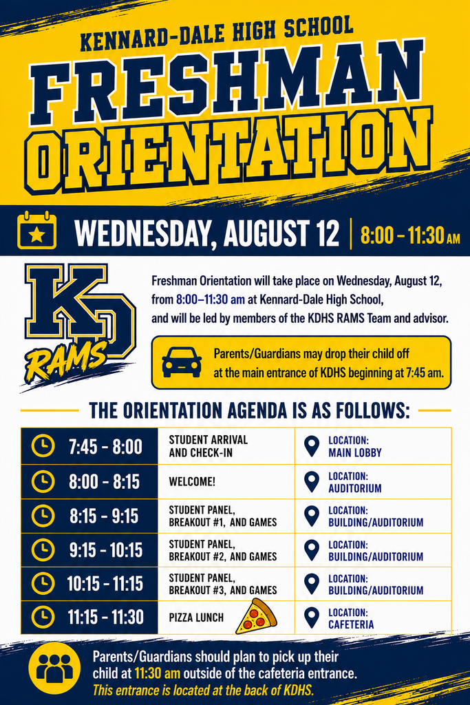 Flyer for Freshman Orientation at KDHS to be held on Wednesday, August 12, from 8:00 - 11:30.
