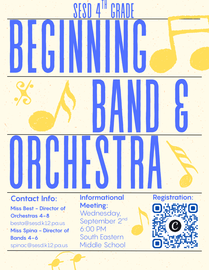 Beginning band and orchestra flyer with registration QR code. Details are in the post.