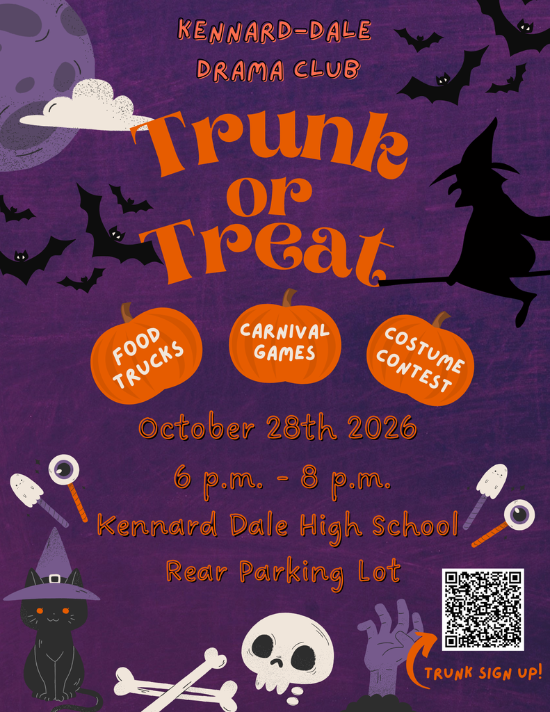 Purple and orange Halloween themed poster with information about a Trunk or Treat Event.  A QR code for trunk sign up is on the poster in the lower right hand corner.  Information is included in the text of the post.