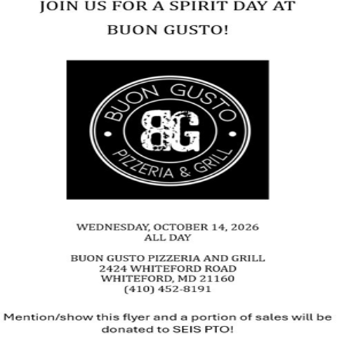 An advertisement for a fundraiser for the South Eastern Intermediate School PTO.  The fundraiser is at Buon Gusto Pizzeria and will be held all day on Wednesday, October 14th.  Other details are in the post.