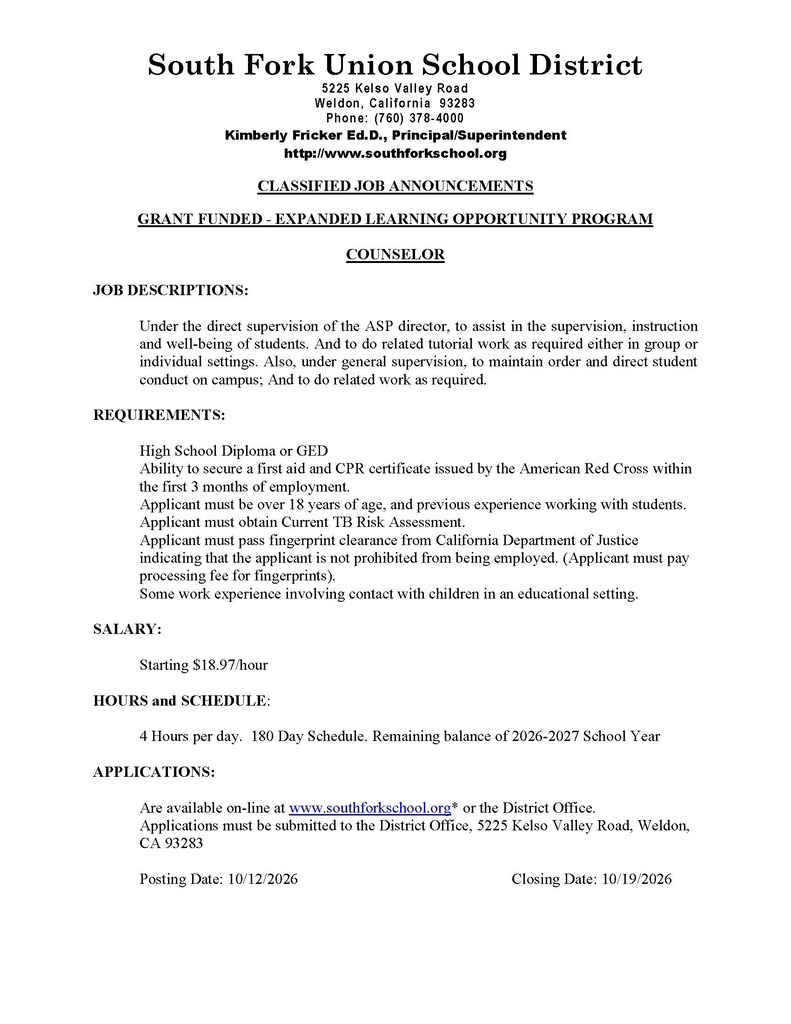 Classified Job Announcement- 4 Hour ELOP Counselor