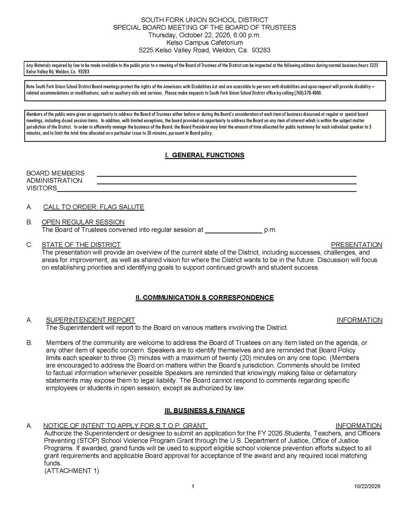 Special Board Agenda Page 1