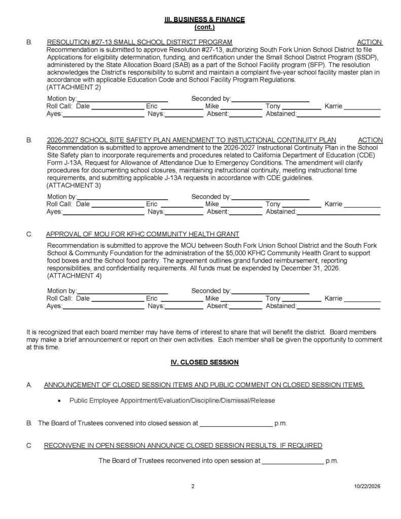 Special Board Agenda Page 2
