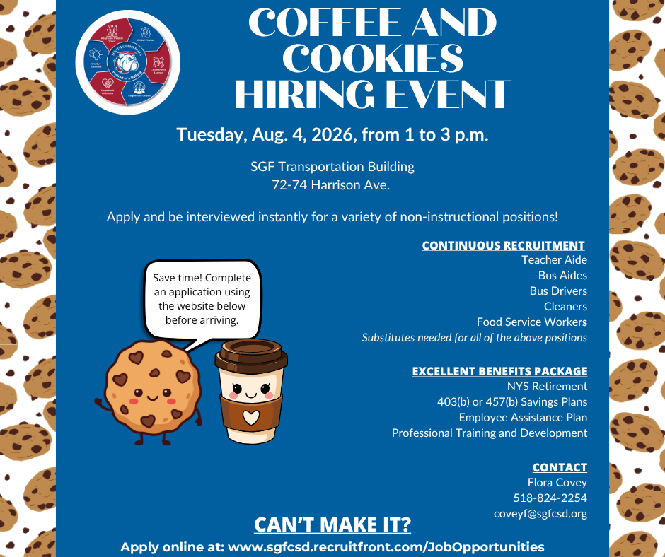 A flyer announces a "Coffee and Cookies Hiring Event" on Tuesday, August 4, 2026, from 1 to 3 p.m. at the SGF Transportation Building.