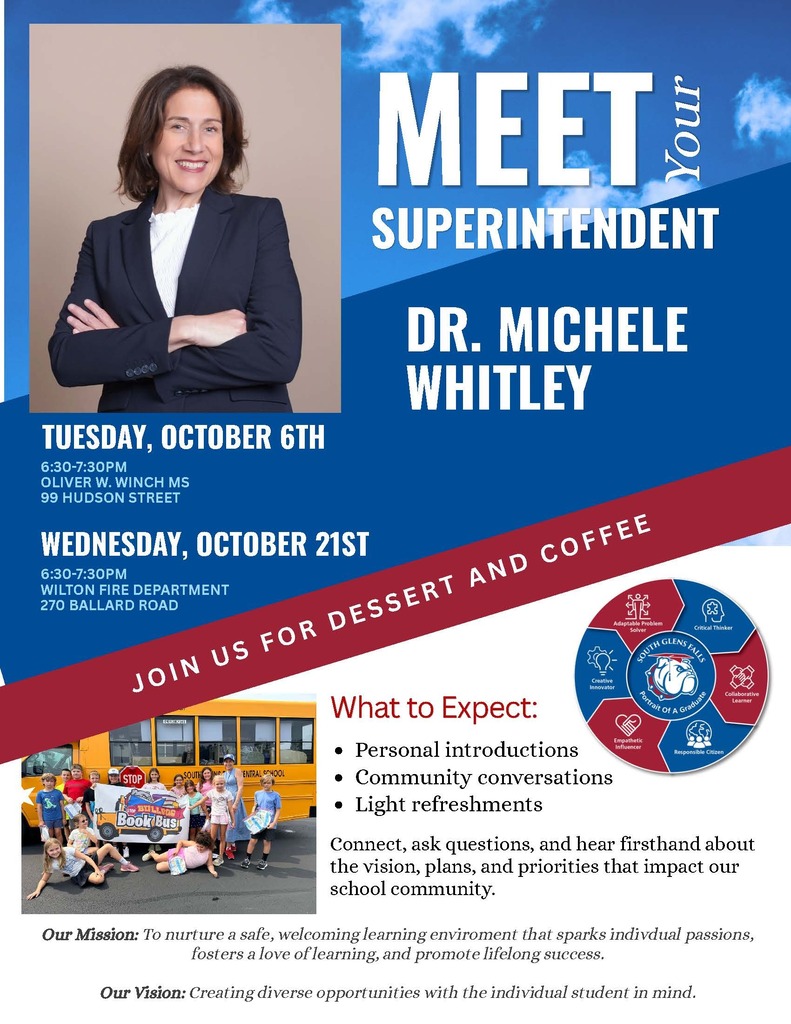 A promotional flyer for "Meet Your Superintendent Dr. Michele Whitley," featuring event dates, locations, and a photo of the superintendent.