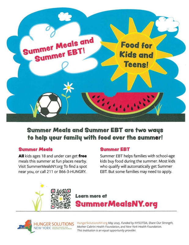 A colorful graphic promotes "Summer Meals and Summer EBT! Food for Kids and Teens!" with a sun, clouds, watermelon, and soccer ball.