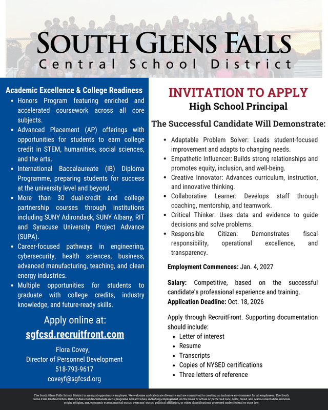 A job posting flyer from South Glens Falls Central School District inviting applications for a High School Principal position.