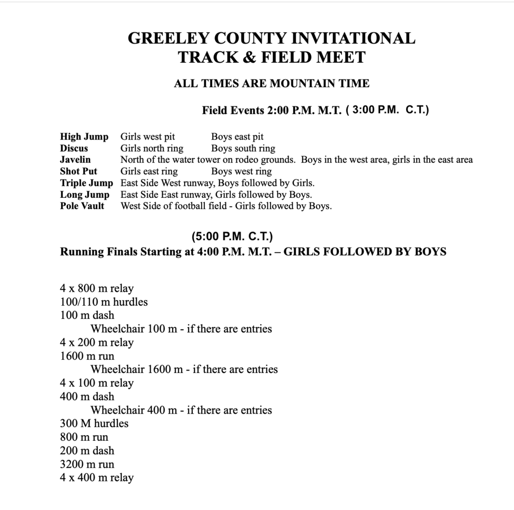 Order of events - Greeley Co. Track Meet