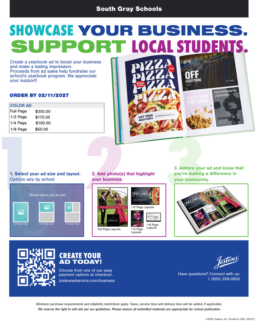 Support your Yearbook students and showcase your business. Create your Ad today!