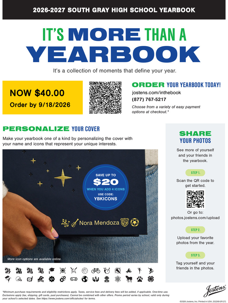 Order your South Gray Schools 2026-2027 Yearbook and share favorite photos with us.