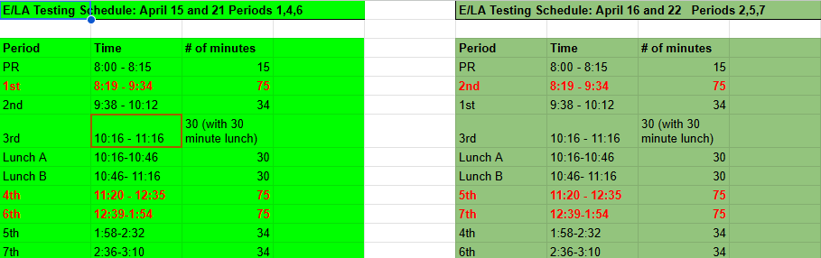 ILearn Testing Schedule