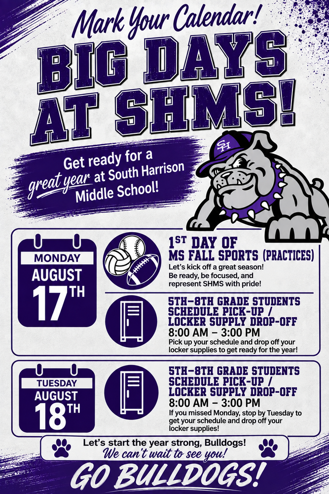 South Harrison Middle School Student Schedule Pick-Up & Locker Supply Drop Off (2026-27)