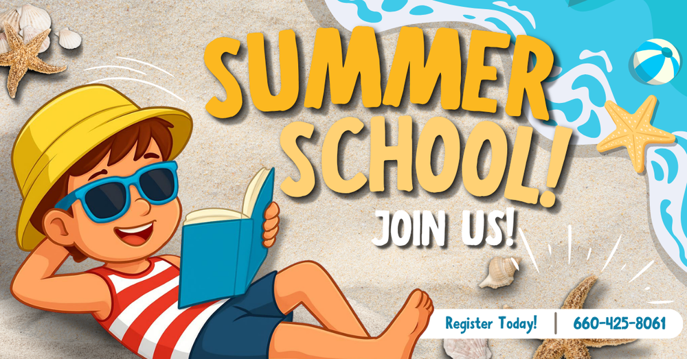 Graphic announcing South Harrison Elementary Summer School for K–8 students (2026–2027 grades). Includes dates May 26–June 11, weekly schedule breakdown, and daily hours 8:00 AM–2:30 PM. Contact office phone number 660-425-8061 for enrollment questions or new forms.