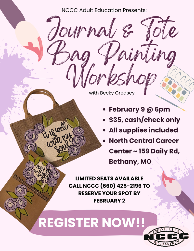 Tote and Journal Painting Workshop with Becky Creasey hosted by NCCC Adult Education Feb. 3rd 2026