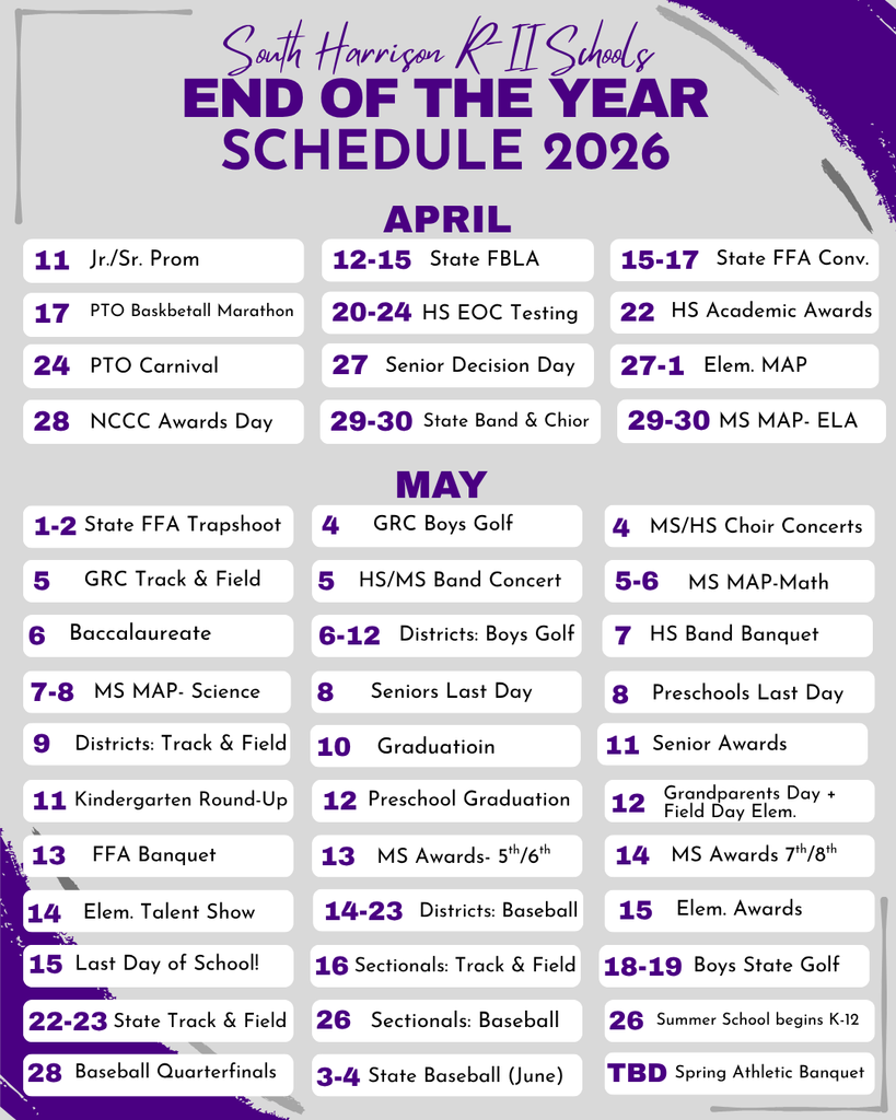 End of year schedule for SHSD from April 11th to June 4th