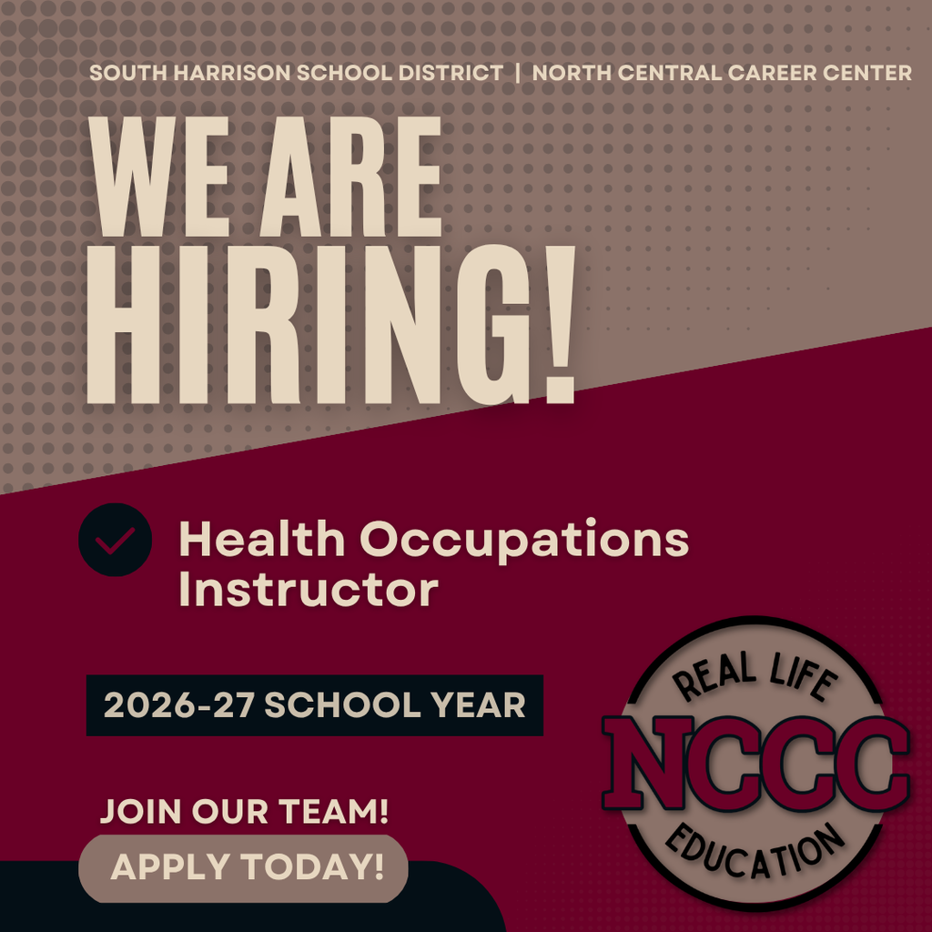 Infographic for a Health Occupations/CNA Instructor opening at North Central Career Center for the 2026–2027 school year, outlining full-time position details, required certification and nursing license, and application contact information for Erik Coffey