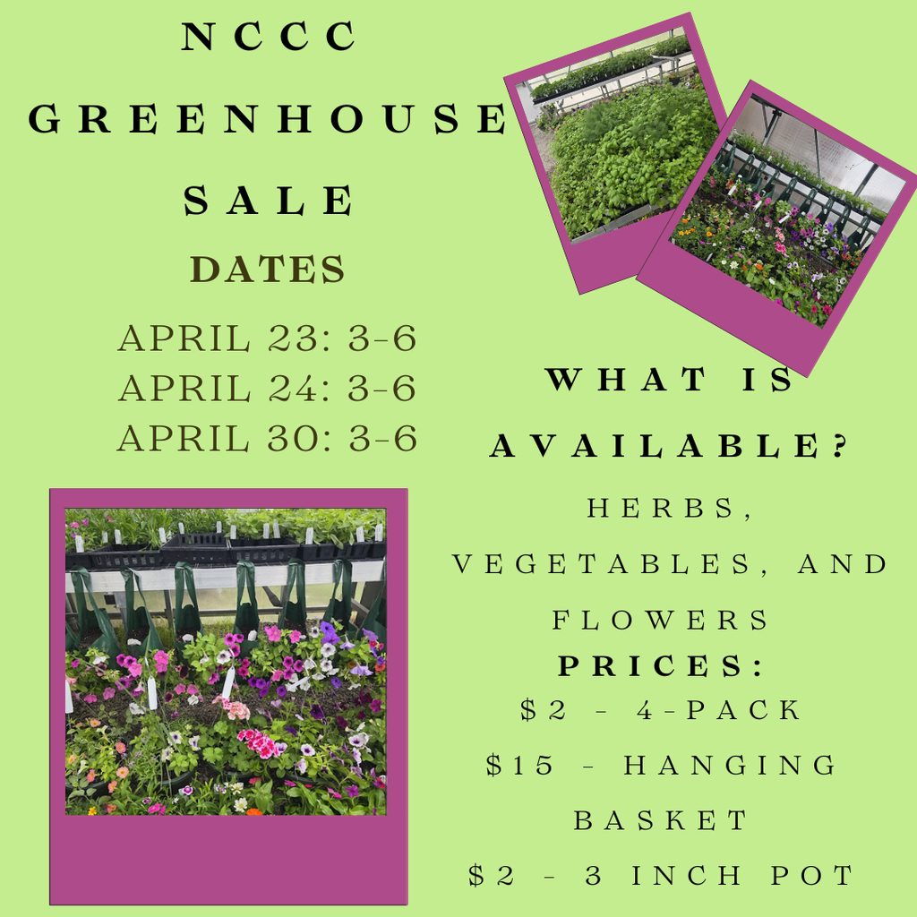 Informational graphic for the Greenhouse Sale showing dates and times. The sale is open today, tomorrow, and April 30th from 3:00–6:00 PM each day. Available items include herbs, vegetables, flowers, and hanging baskets.
