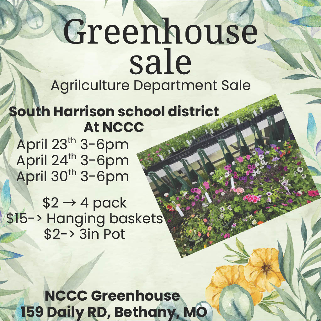 Promotional graphic for the Greenhouse Sale highlighting that doors open at 3:00 PM each day. Sale dates include today, tomorrow, and April 30th, with hours from 3:00–6:00 PM. The graphic features a variety of plants for sale, including herbs, vegetables, flowers, and hanging baskets.