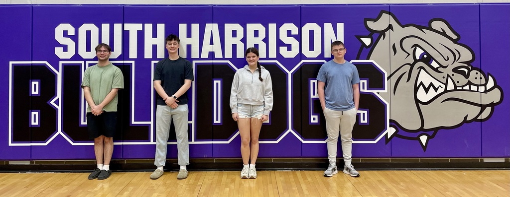 Group photo of the 2026–2027 South Harrison High School Student Council Officers standing together and smiling. From left to right: President Lane Wedgworth, Vice President Uriah Marshall, Secretary Kenzley Hendren, and Treasurer Aiden Slagle. They are posed indoors at the school, representing their leadership roles for the upcoming school year.