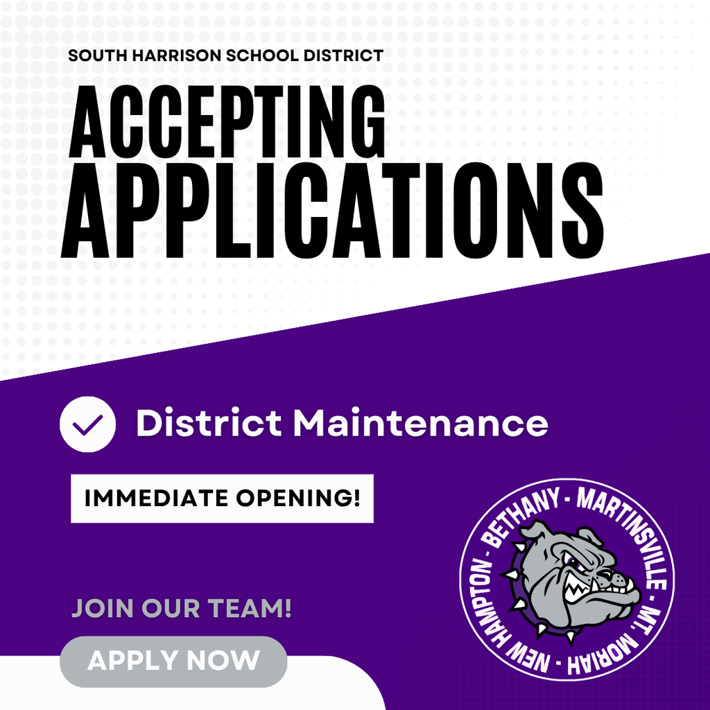 Infographic announcing a District Maintenance Employee position at South Harrison R-II School District. The posting highlights a full-time role responsible for facility maintenance, repairs, and upkeep, including general building systems and grounds. It notes required skills in maintenance areas, physical job duties, benefits offered, and application information through the district website.